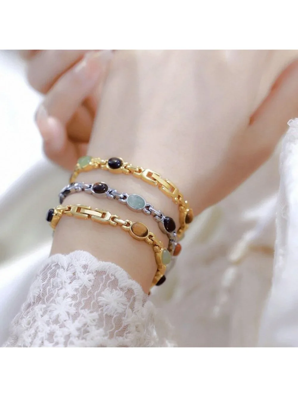Elegant Vintage Gold Women's Watch with Jade Crystal, Dainty Silver Bracelet